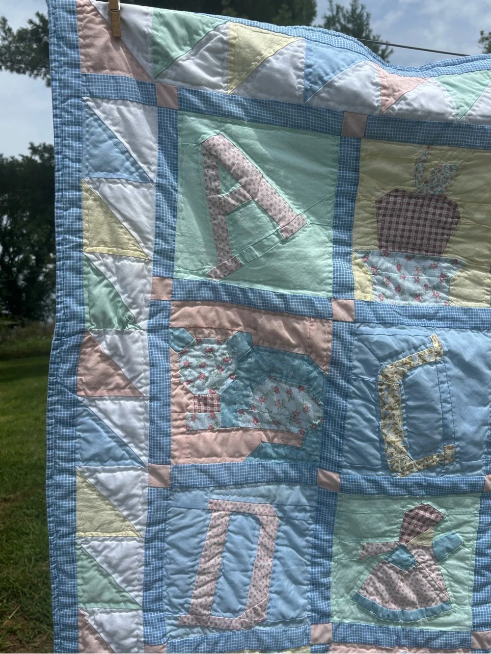 Handmade Pastel Alphabet Baby Quilt - Blue, Pink, Mint, Cream